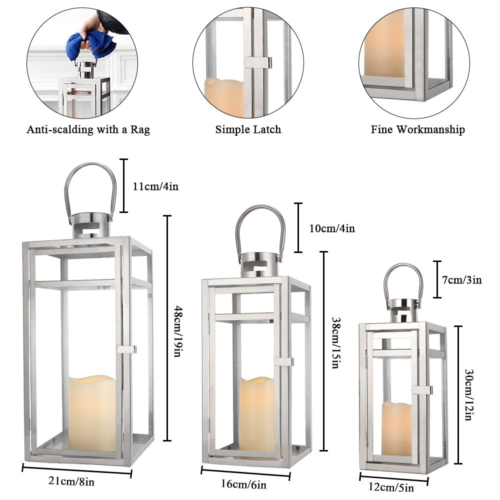 19''&15''&12'' H Stainless Steel Metal Candle Lantern  Candle Holder with Clear Glass Panels(Set of 3)-1